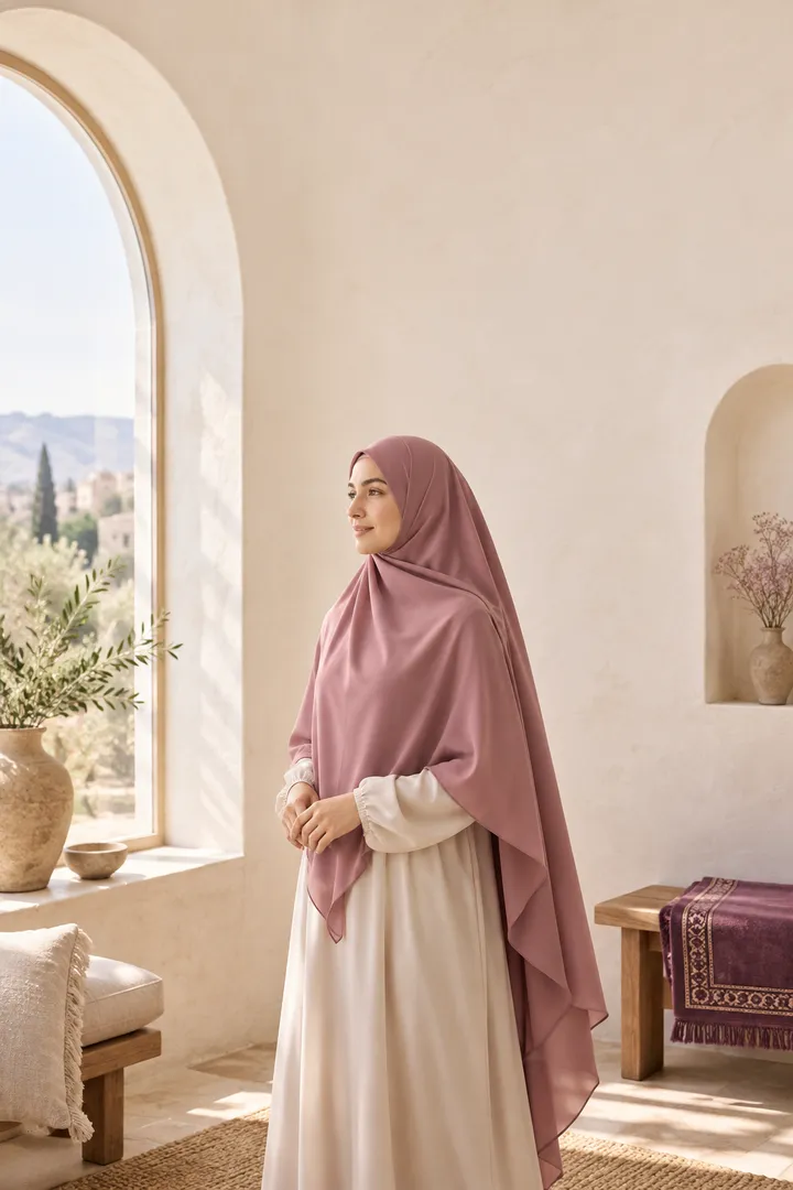 Grua me khimar ngjyrë rozë të vjetër në një dhomë të ndritshme me dritare me hark